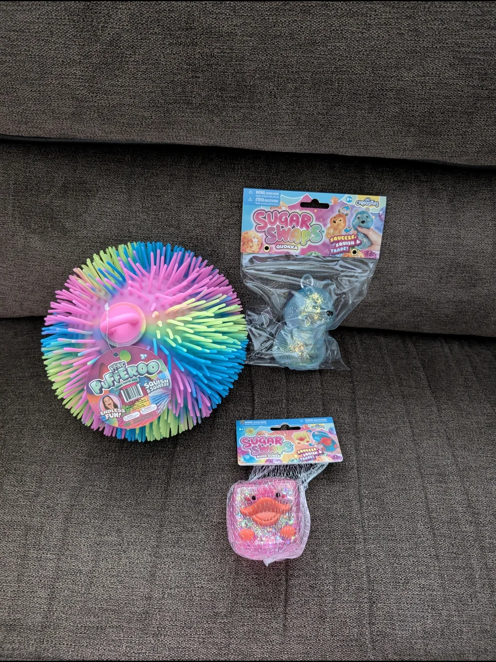 Pufferoo Multi-Color Squishy Sensory Ball, Sugar Swaps Duck And Mouse